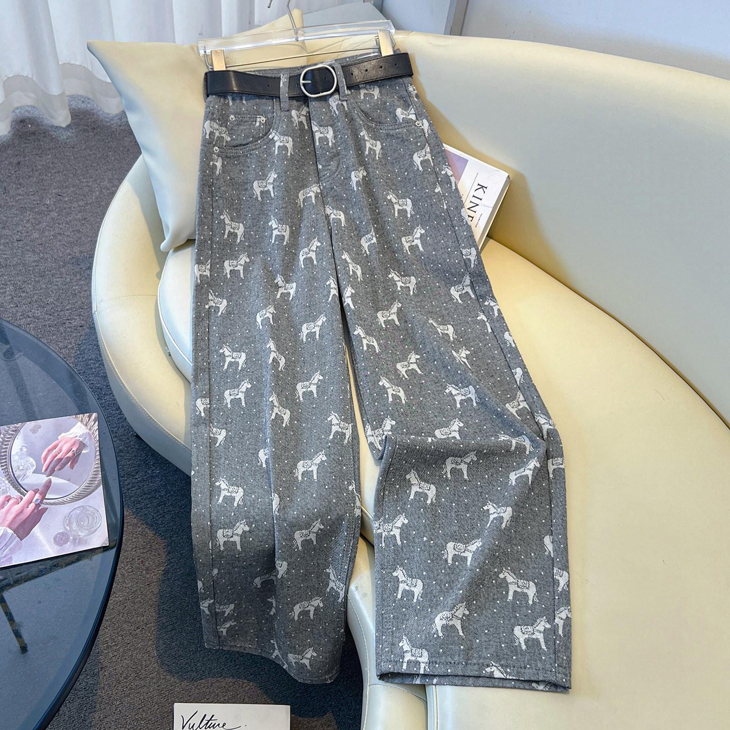 Retro Horse Jacquard Wide-Leg Women s Jeans - Spring 2026 Loose Straight-Leg Design. S