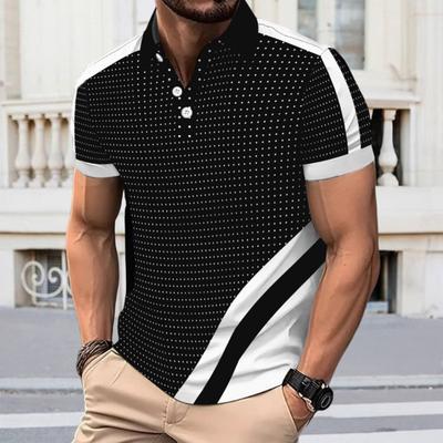 Men's Lapel T-Shirt Slim Fit Polka Dot Polyester Tee Shirt Color Block Summer Casual Short Sleeve Top for Daily Wear Sports Street
