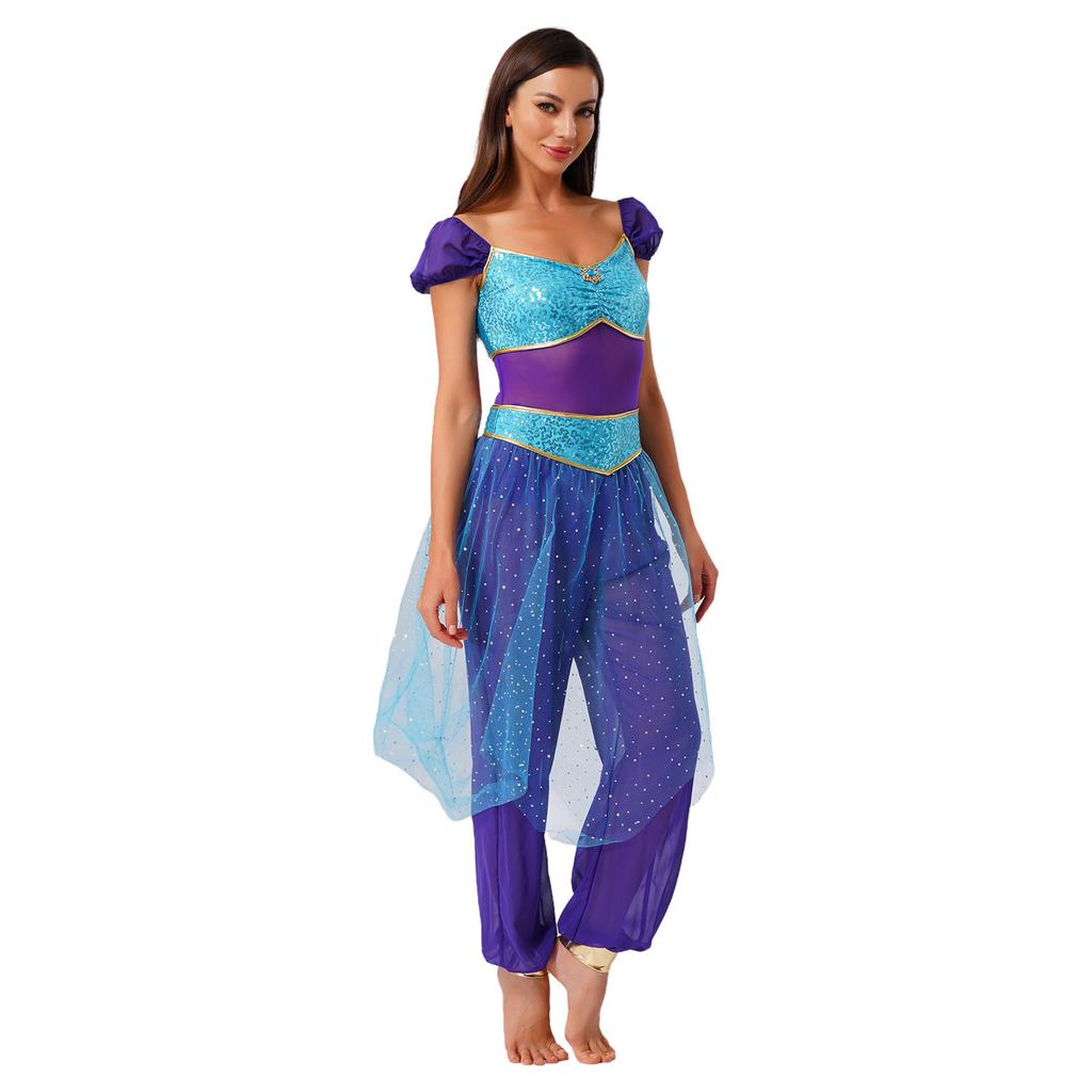 Womens Arab Princess Costume Contrast Color Gem Decor Sequined Tulle Overlay Sleeveless Jumpsuit Belly Dance Romper