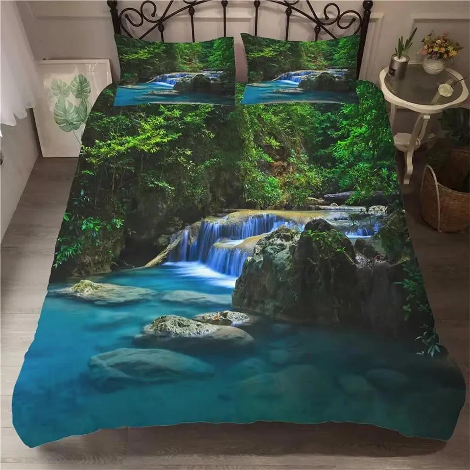 Lpluscape Painting Waterfal Soft Duvet Cover Quen Sized Dimensions Double Bed Natural Scenery Comfortable Quilt Cover Forest Waterfal Beding 3-Piece