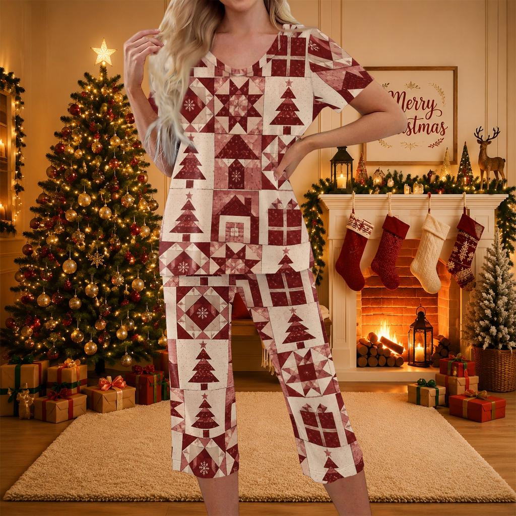 Women's Casual Christmas Print Two Piece Athletic Set Short Sleeve Top and Pants