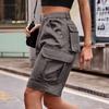 5Colors 2XL Women's Fashion Casual Solid Color Washed Denim Multi-Pocket Belt Overalls Five-Point Shorts