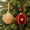 Velvet Finish Christmas Ball Ornament Rhinestone Trim Faux Pearl Accents Christmas Tree Ornament Round Shape Hanging Ribbon