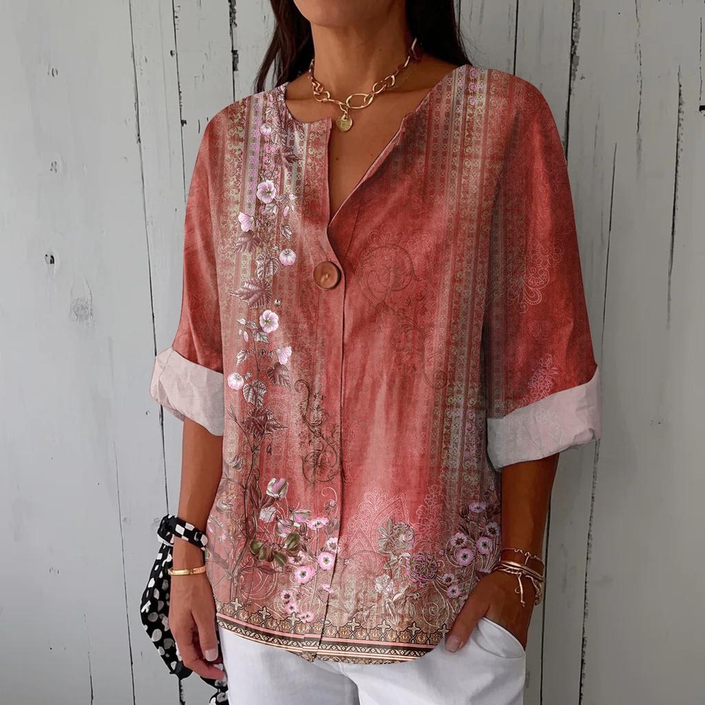 Women's Fashionable Casual V-neck Button Seven Quarter Sleeve Printed Cotton And Linen Top