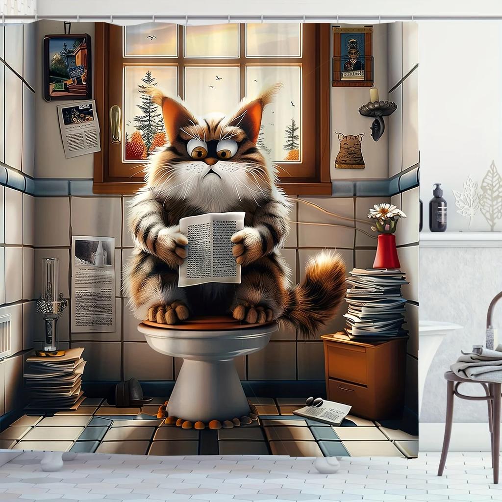 Whimsical Cat Reading Newspaper Printed Shower Curtain Waterproof Animal Themed Bathroom Decor