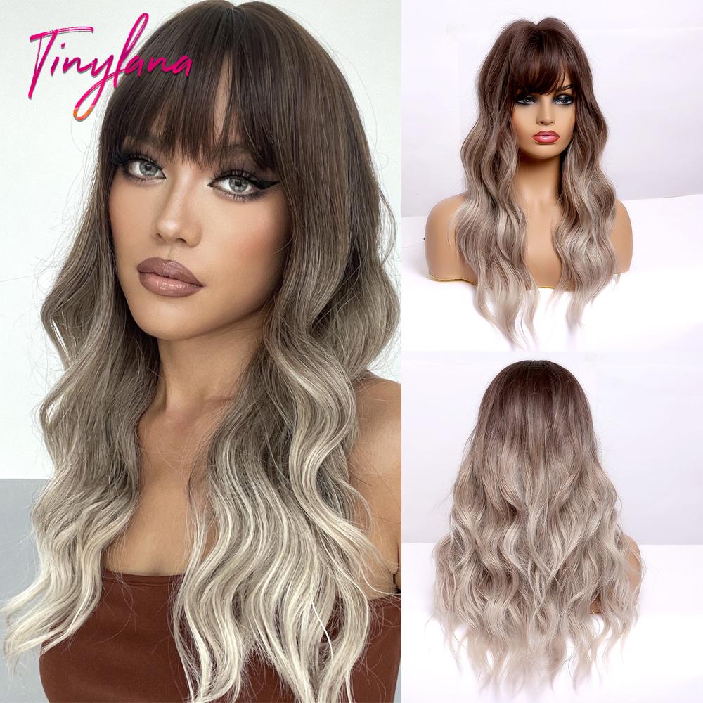 Orange Ginger Synthetic Wig Long Water Wavy Wigs For Women With Bangs Halloween Cosplay Party Daily Natural Heat Resistant Wig