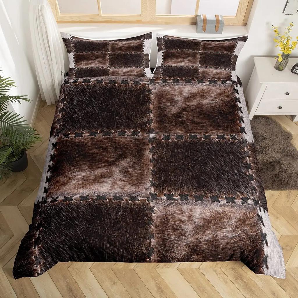 Cowhide Duvet Cover Cow Fur Bedding Set Microfiber Western Farm Animal Skin Comforter Cover Twin Full For Kids Teens Room Decor
