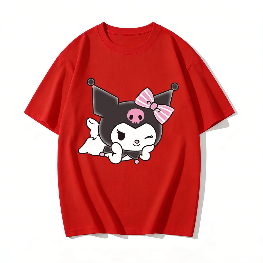 Summer Cute Winking Kuromi Print Tshirt Casual Short Sleeved Tees for Mom and Daughter Fashion Parentchild Clothing Set Tops