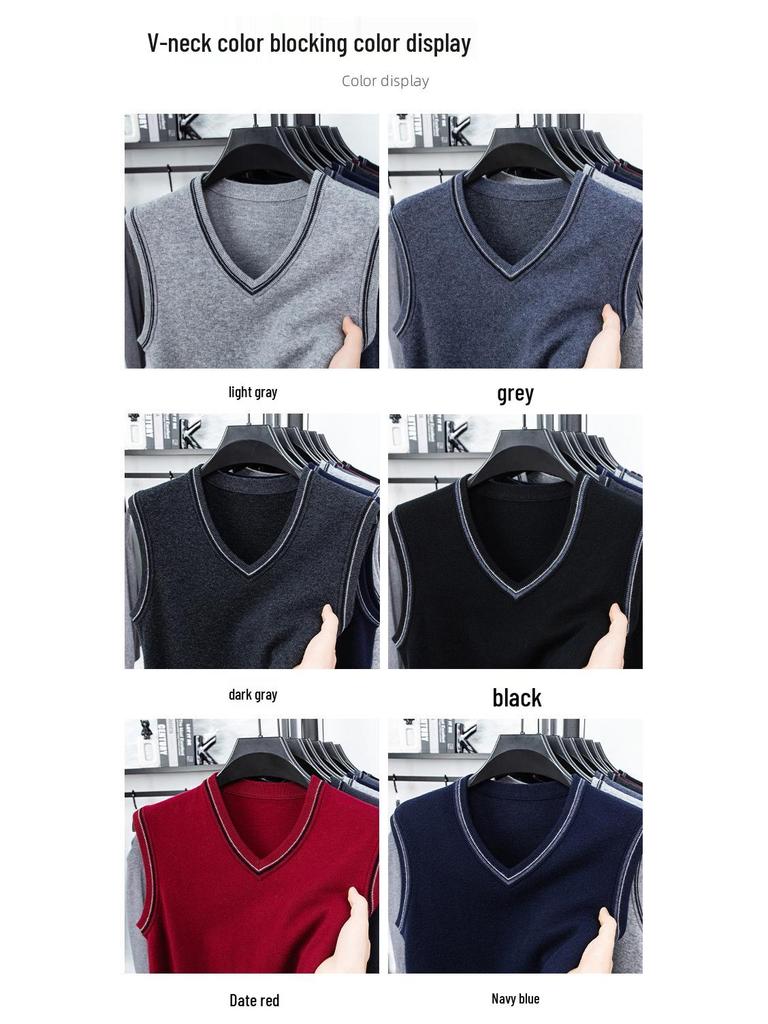 Men's V-Neck Wool Knit Vest - Autumn/Winter Solid Color, Middle-Aged & Elderly Style