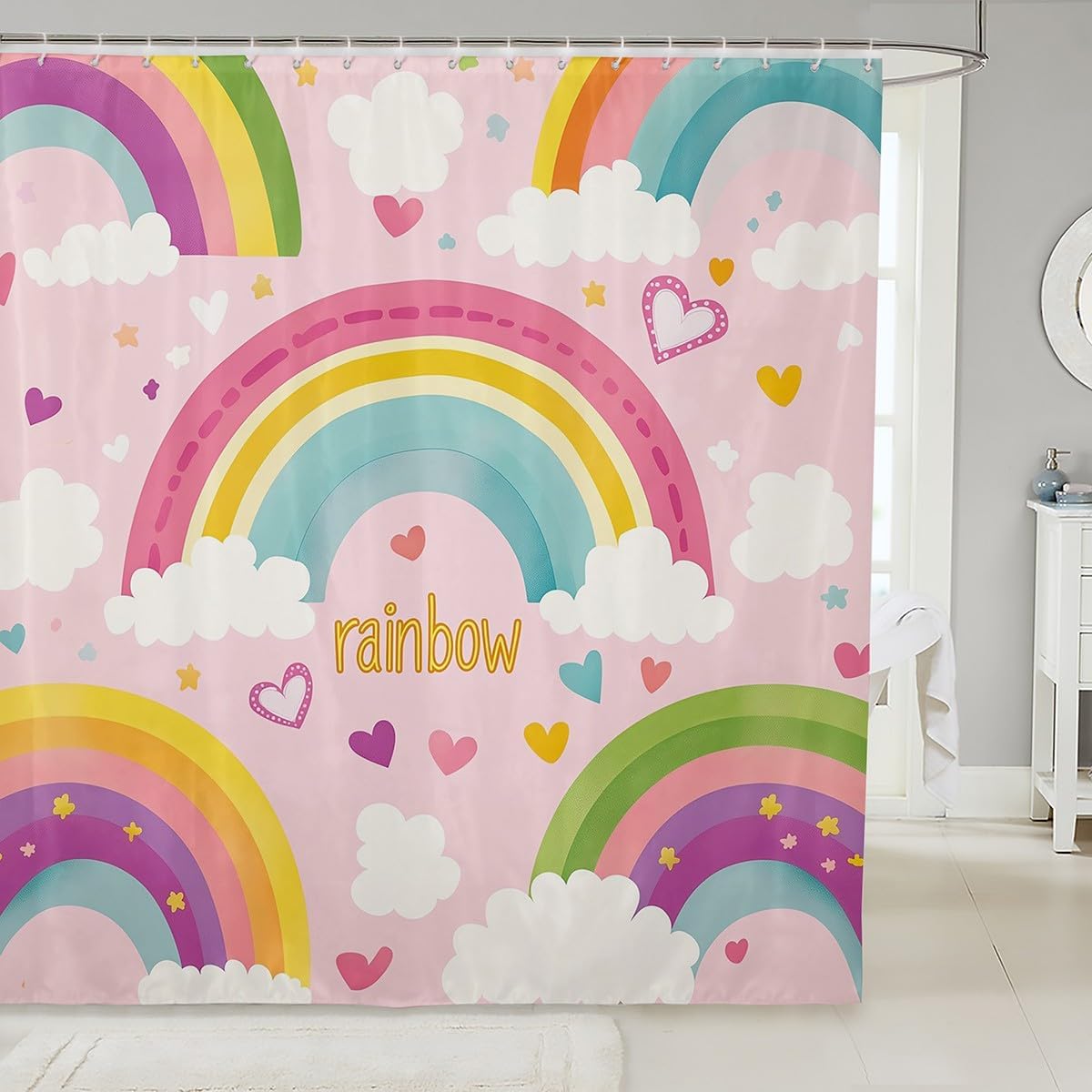 Pink Castle Bathroom Shower Curtain Girly Princess Themed Pattern shower Curtain,Rainbow Glitter Flowers Fabric Shower Curtain 90x180CM