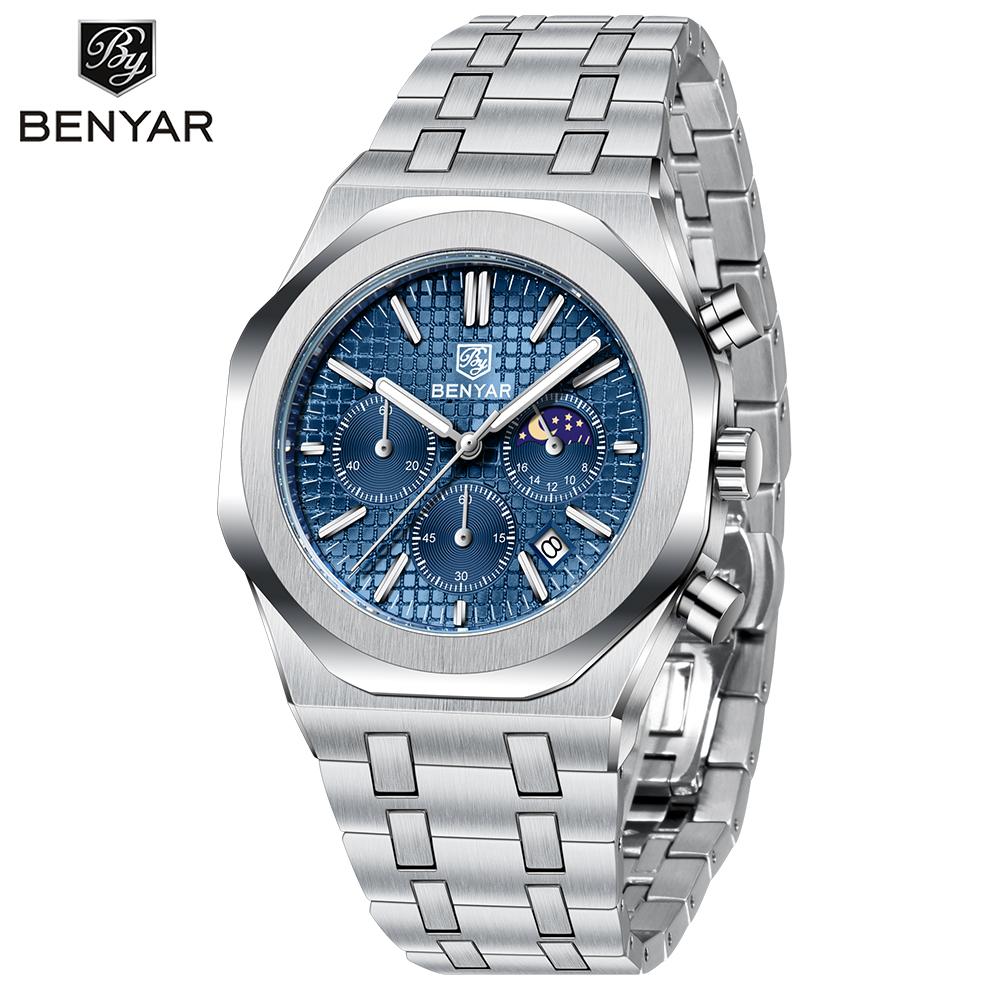 Benyar New 42mm Luxury Men's Quartz Watch PE905 Steel Strap Waterproof Luminous Chronometer Business Reloj Hombre