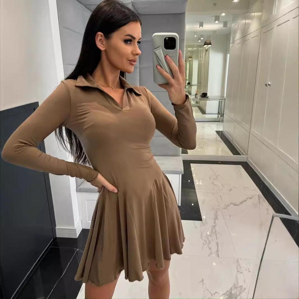 2024 Women's Autumn Long-Sleeve Waist-Hugging Lapel Dress – Solid Color