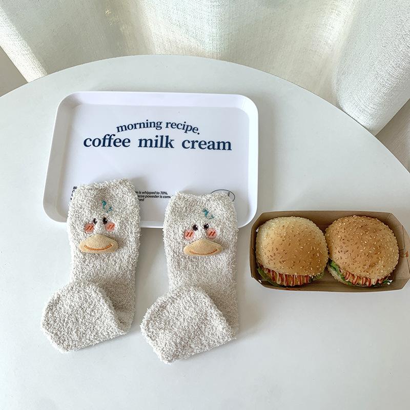 Little Yellow Duck Coral Fleece Socks Women'S Winter Warm Home Sleeping Socks Medium Tube Fleece Cartoon Outer Wear Girls Socks