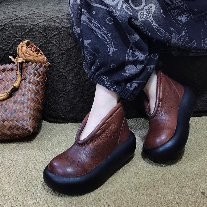 Fashion Round Toe Thick Sole Leather Casual Platform Women's Shoes Retro Top Cowhide Ankle Boots Pure Handmade Single Cool Boots