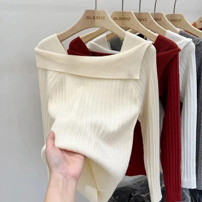 Slash Neck Knitwear Off Shoulder Top Women's Thin Bottomed Shirt Slim Long Sleeve Hotsweet Casual Commuting New Fashion