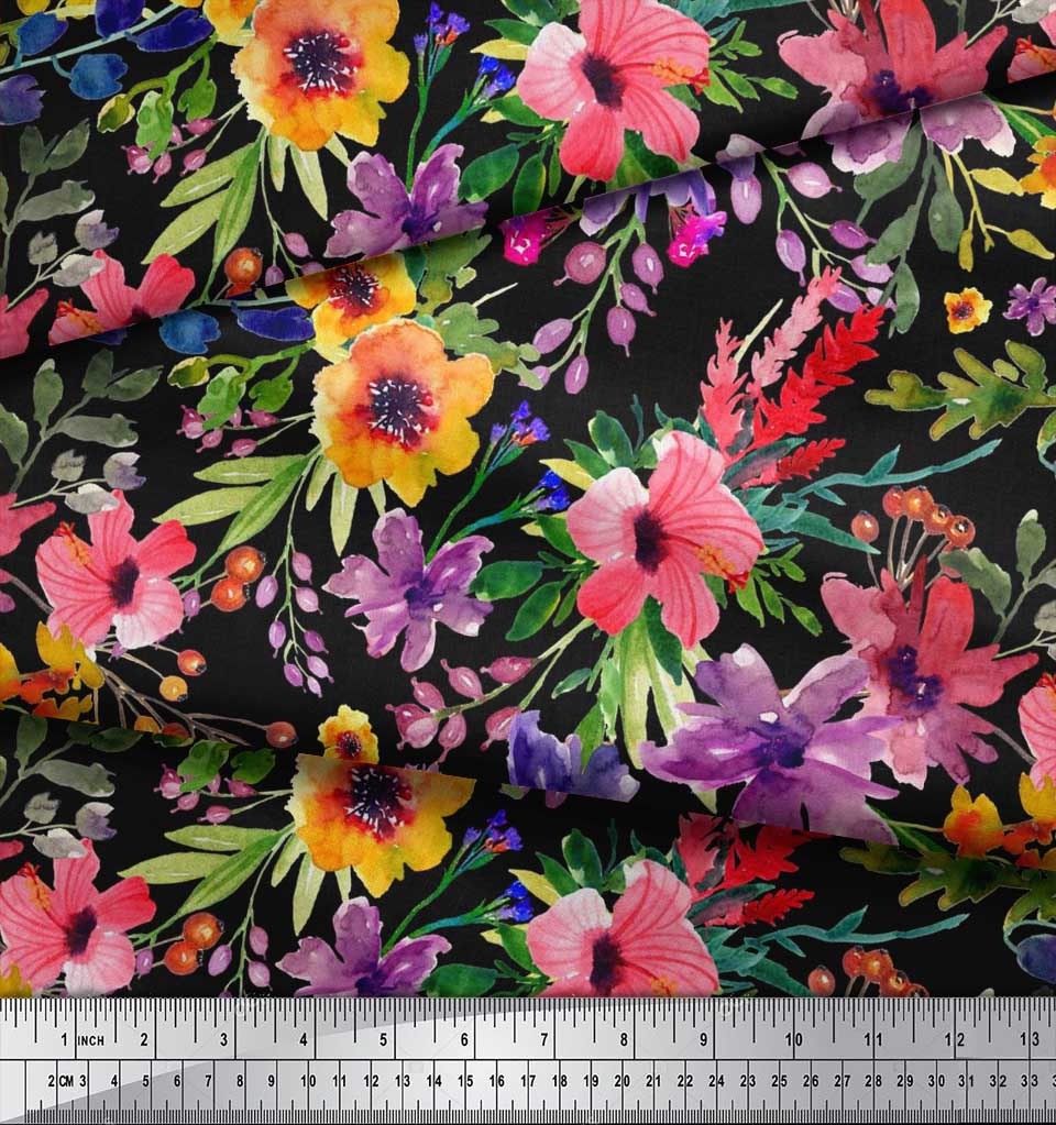 Soimoi Japan Crepe Satin Fabric Flower & Leaves Watercolor Decor Fabric Printed metre 42 Inch