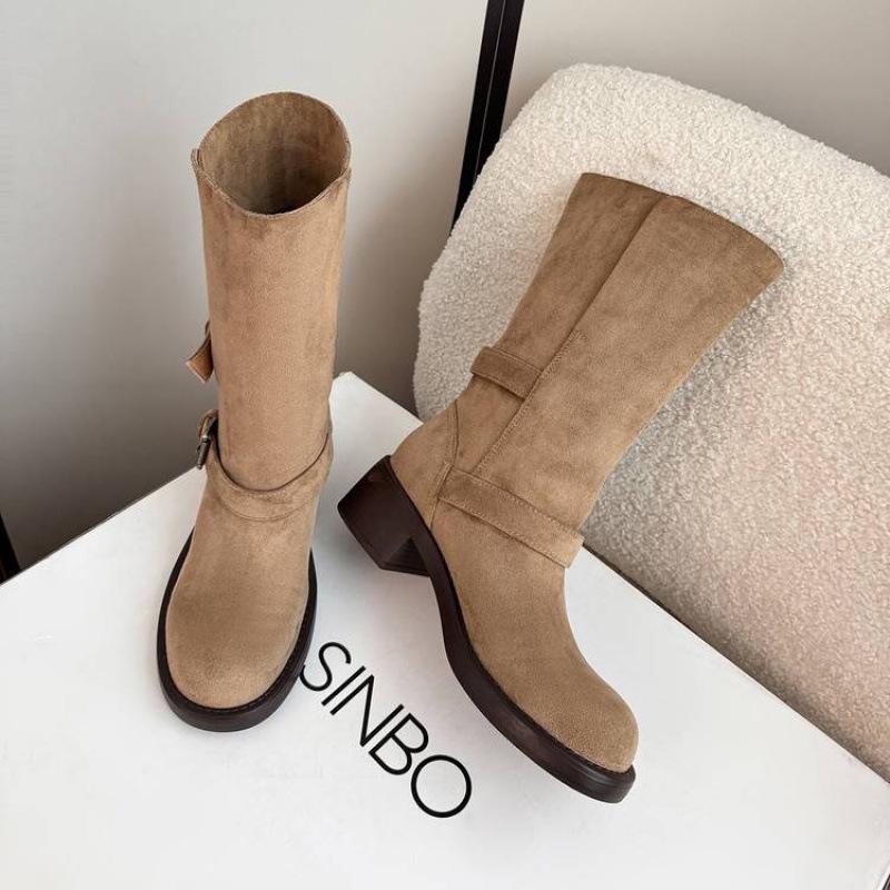 Autumn and Winter Women's Leather Boots Solid Color Leather Medium Heel Large Size Women's Boots Round Head Versatile High Boots Thick-soled Knight Bo