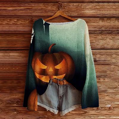 Halloween Sweaters For Women Boho Vintage Spooky Sweatshirt Graphic Print Long Sleeve Knit Pullover Tops