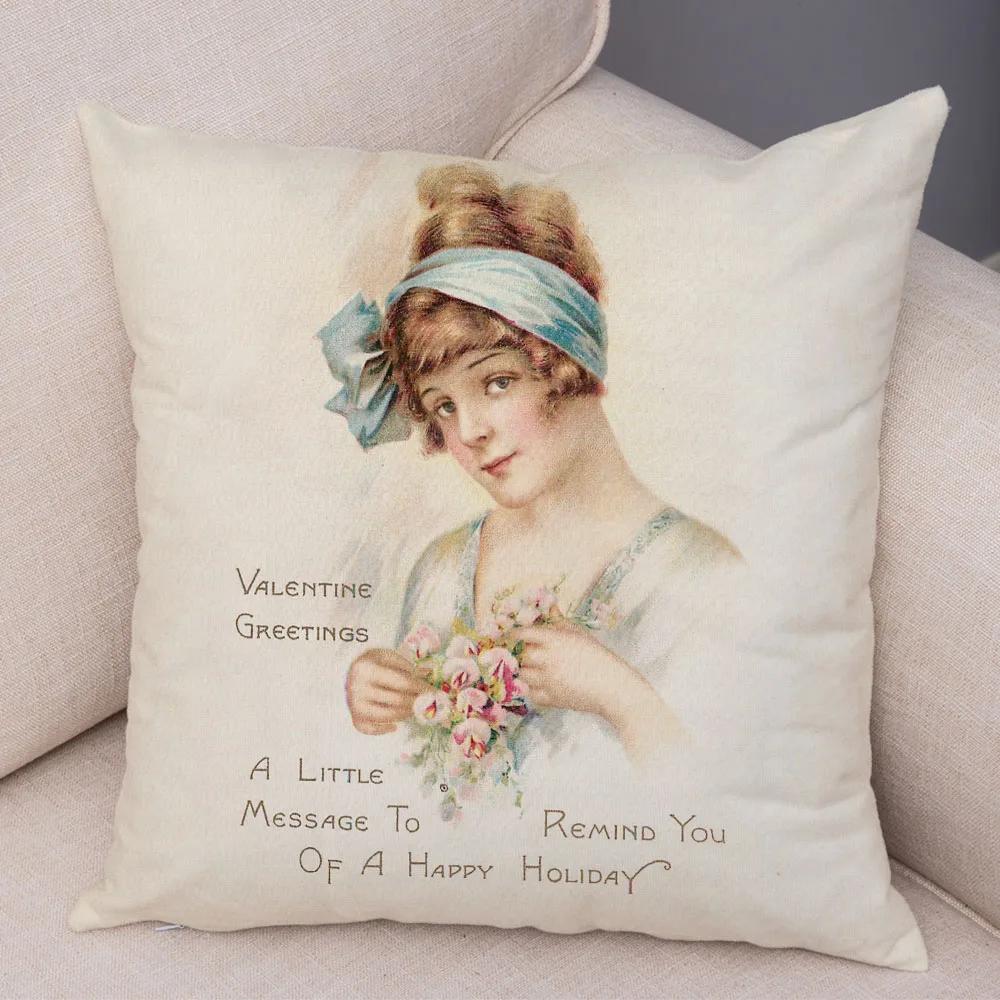 European Lady Cushion Cover Decor Vintage Style Elegant Women Print Pillowcase for Sofa Home Car Soft Plush Pillow Case 45x45cm