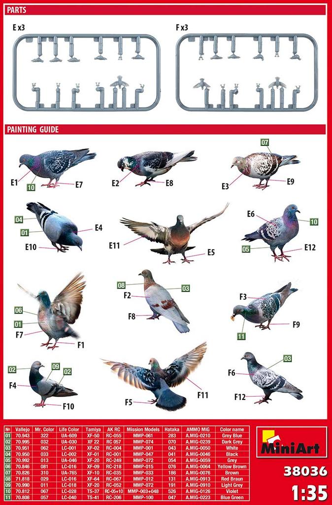 Miniart 1/35 Scale Plastic Model Kit MA38036, Set of 36 Pigeons