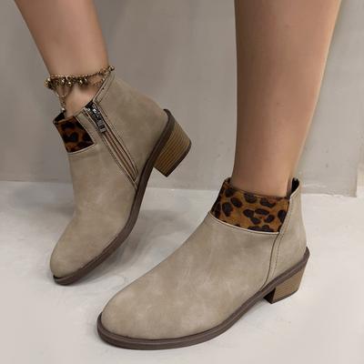 Fashion Suede Leopard Print Pointed Head Ankle Boots for Women Fashion Autumn Female Shoes Thick High Heels Short Zip Chelsea Botines