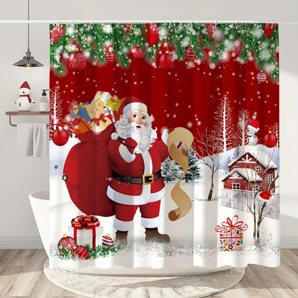 Happy Christmas Holiday Shower Curtain Christmas Tree Cedar Holiday Gift Polyester Home Shower Curtain Bathroom Decor with Hooks