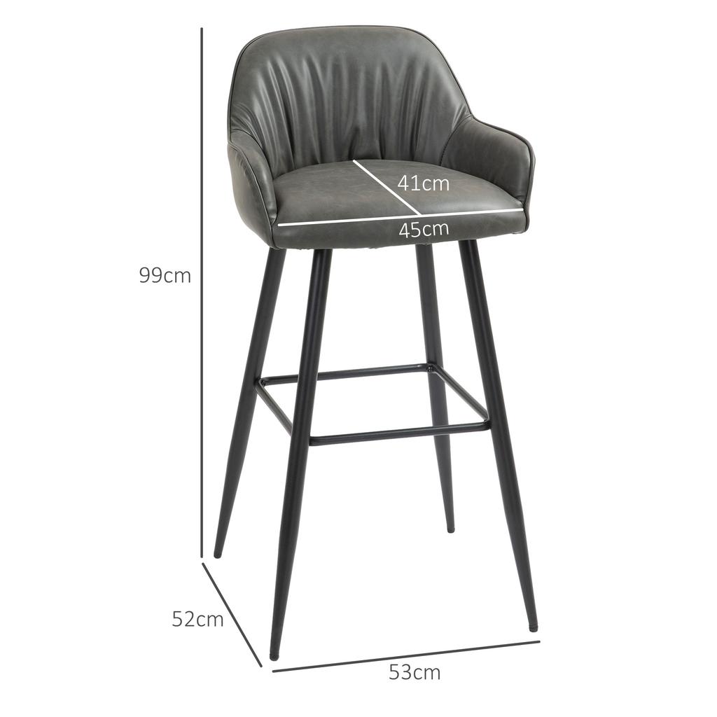 Set of 2 Modern Bar Stools with Footrest and Backrest, PU Faux Leather and Steel, Grey