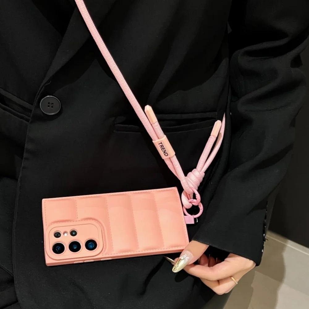 Fashion Lanyard Crossbody Down Jacket Case for Samsung Galaxy S25 Ultra S22 S23 Plus S24 FE A56 A55 A54 A16 Pure Color TPU Cover