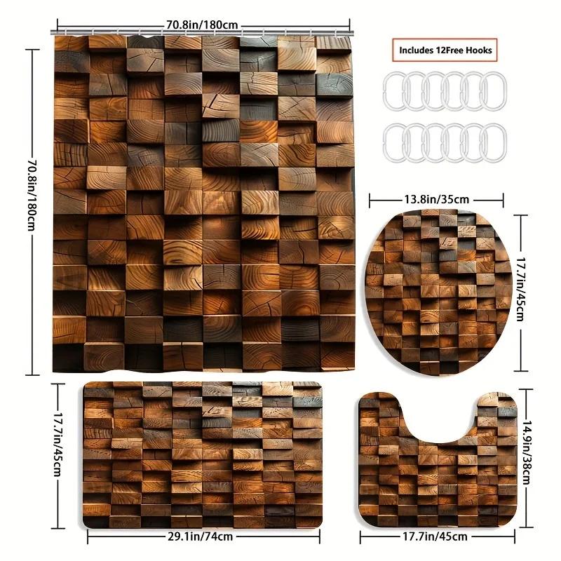 

Wooden Block Wall Print Bathroom Set: Includes 12 Free Hooks, Waterproof Shower Curtain, Non-Slip Bath Mat, Toilet Seat Cover, A W60H190(CM)-1 Pcs