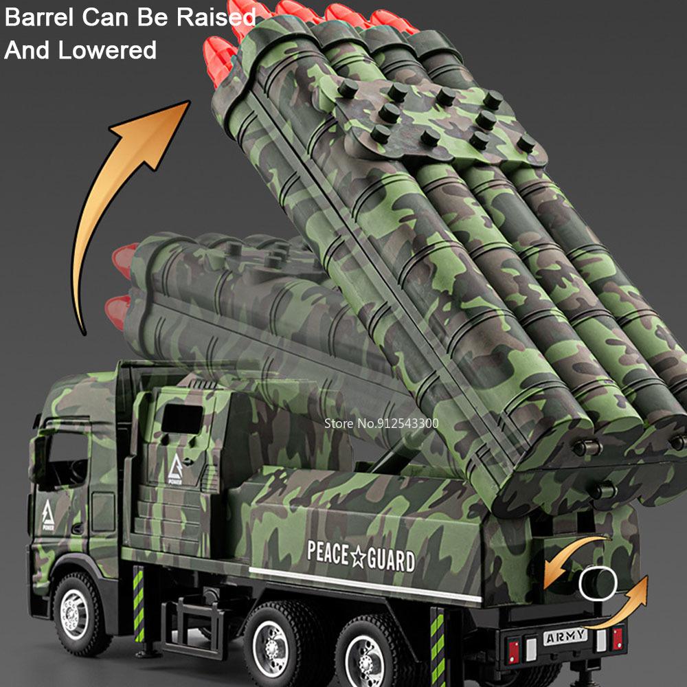 1:32 Scale Missile Truck Toy Model Car Rocket Launcher Vehicle Metal Diecast Sound Light Pull Back Military Models Boys Gifts