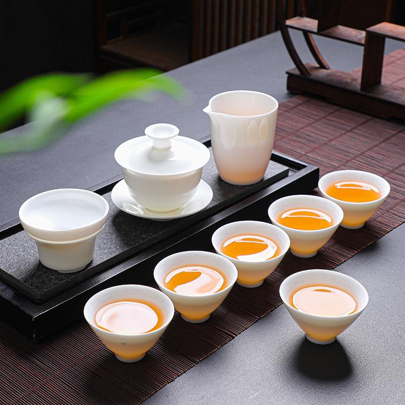 Suet Jade White Porcelain Tea Set Light Blue Gift Box China White Kung Fu Tea Set Business Gift