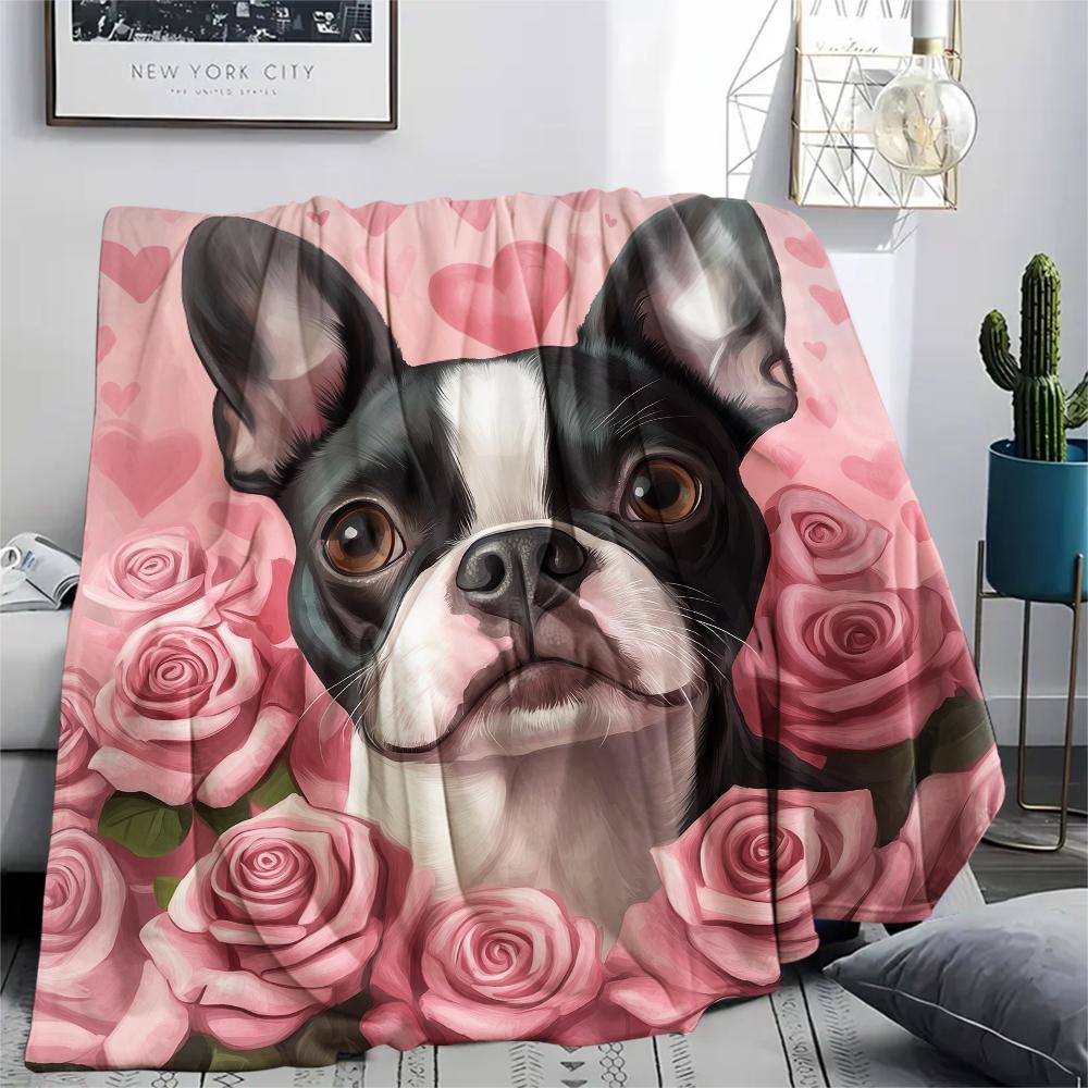 Boston Terrier and Roses Pattern Flannel Blanket, High Quality Comfortable for All Seasons, Home Decor, Warmth and Comfort, Perfect for Gifts.