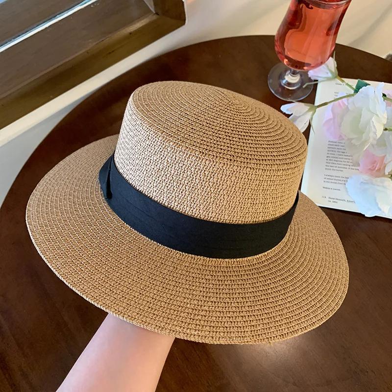 The Four SeasonsRetro HatPanamaFlatBrimmed Sun Hatbucket Hat UV Protection Sun Hat for Beach MiniBow Vacation Handmade Straw Hat