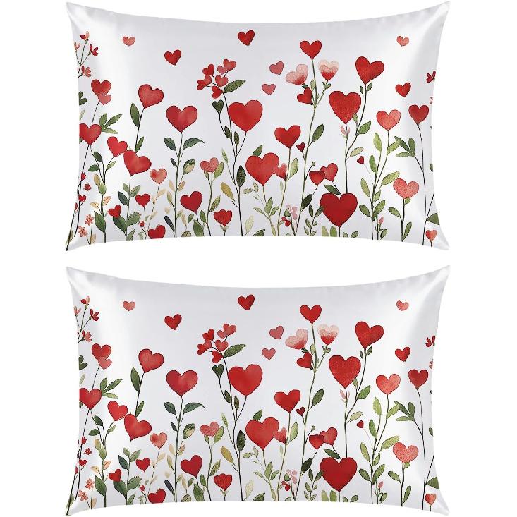 Horaldaily Valentine Standard Size Set of 2 Satin Pillowcases for Skin and Hair, Floral Love Hearts Smooth Soft Similar to Silk Pillowcases for Standard (20 x 26 ) белый
