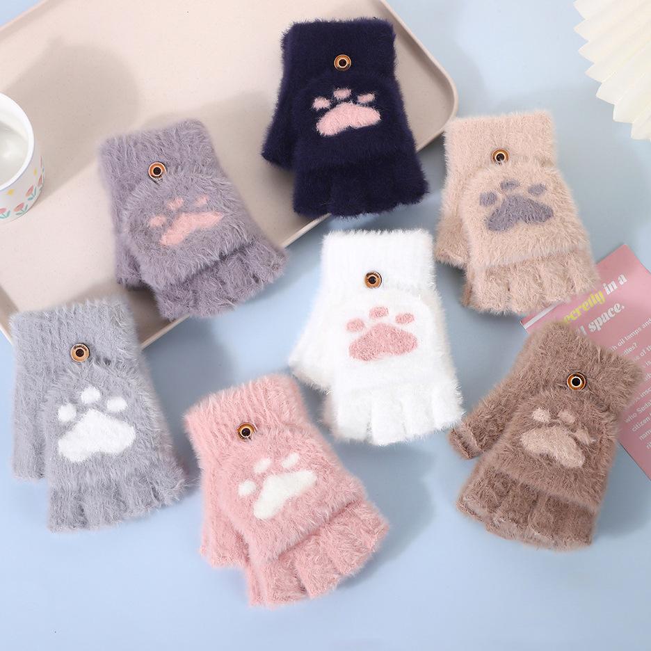 Gloves Women's winter knitted wool half-finger dual-purpose flip to keep warm Thickened versatile student Korean version imitation mink gloves