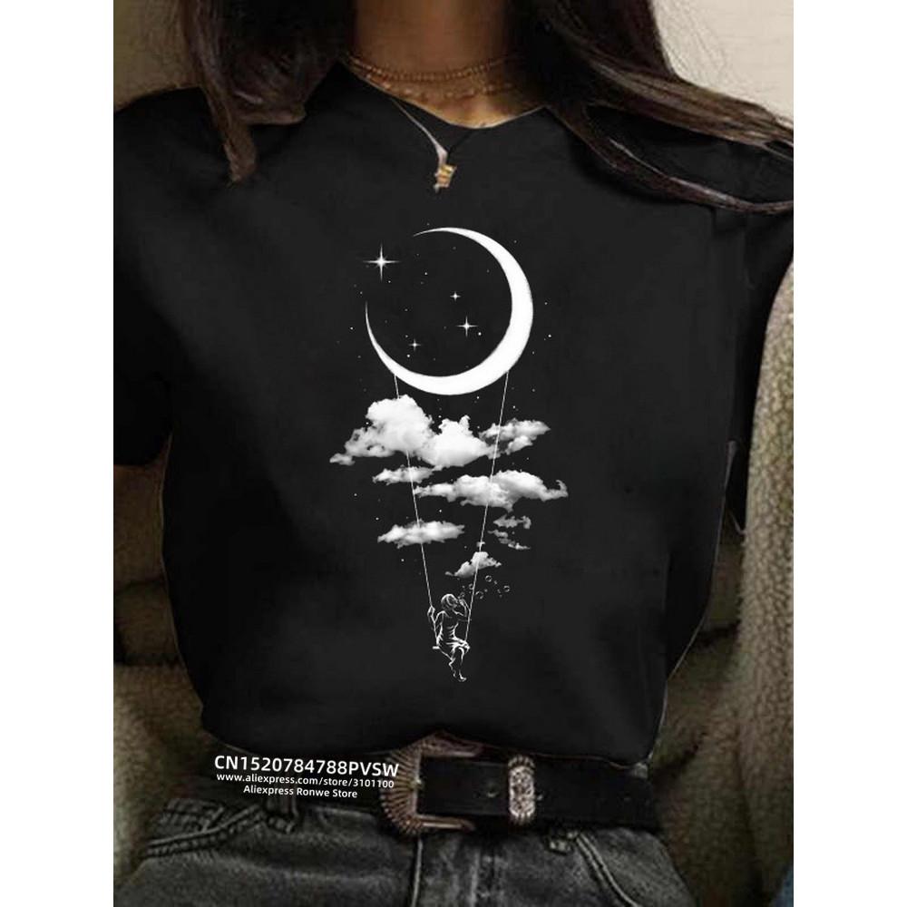 Dámské tričko s potiskem Měsíc Harajuku vtipné 90. léta dívka kreslený grafický potisk černé dámské tričko ležérní dámské tričko Kawaii tričko