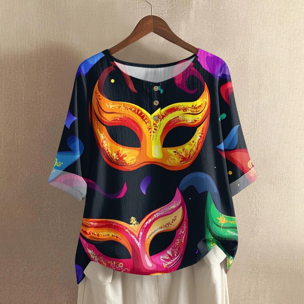 Women's Carnival Printed Casual Mid Sleeve Round Neck Cotton And Hemp Top