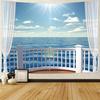 Tapiserie cu vedere la fereastră de vară, Soare Albastru Ocean Mare Insulă Vedere Scenică de la Fereastră de pe Balcon Tapiserie cu Peisaj Natural de Perete
