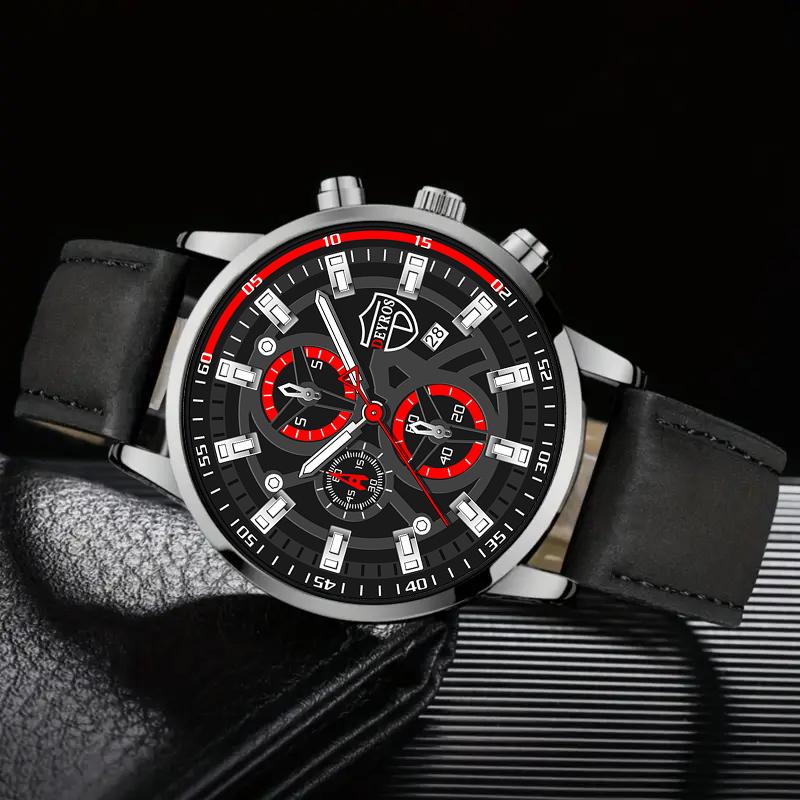 Fashion Men's Casual Quartz Watches Analog PU Leather Calendar Luminous Wrist Watch with