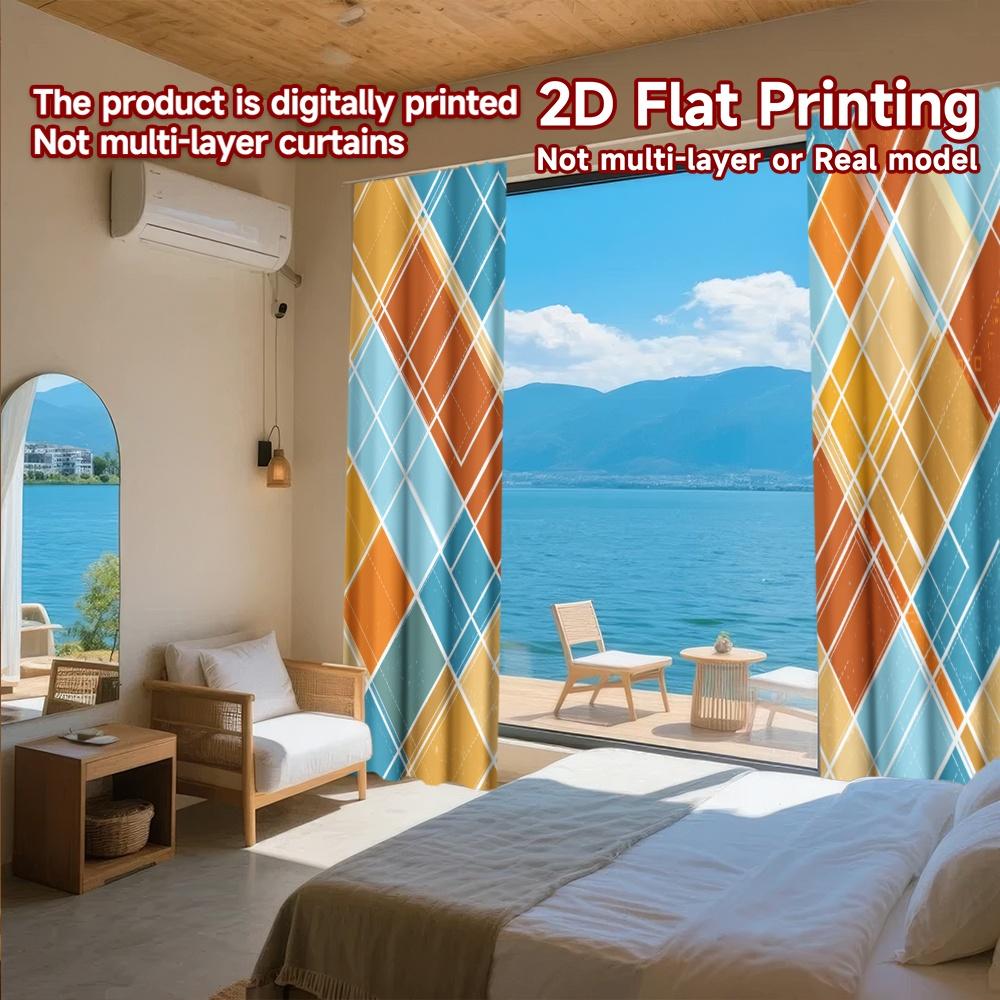 2D FLAT PRINTING 2pcs Curtains (Without Rod) Geometric Blue and Orange Design April Fools is Day Festival Creative Curtains
