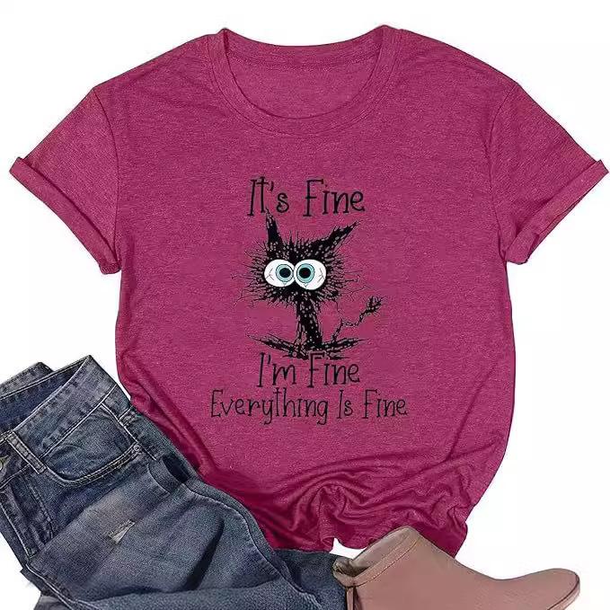 Women's top cat D print short-sleeved shirt apricot comfortable and casual