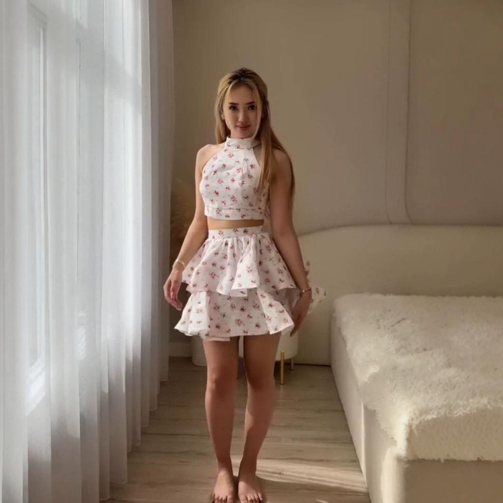 European and women's clothing new floral neck backless short top high waist ruffle edge short skirt set