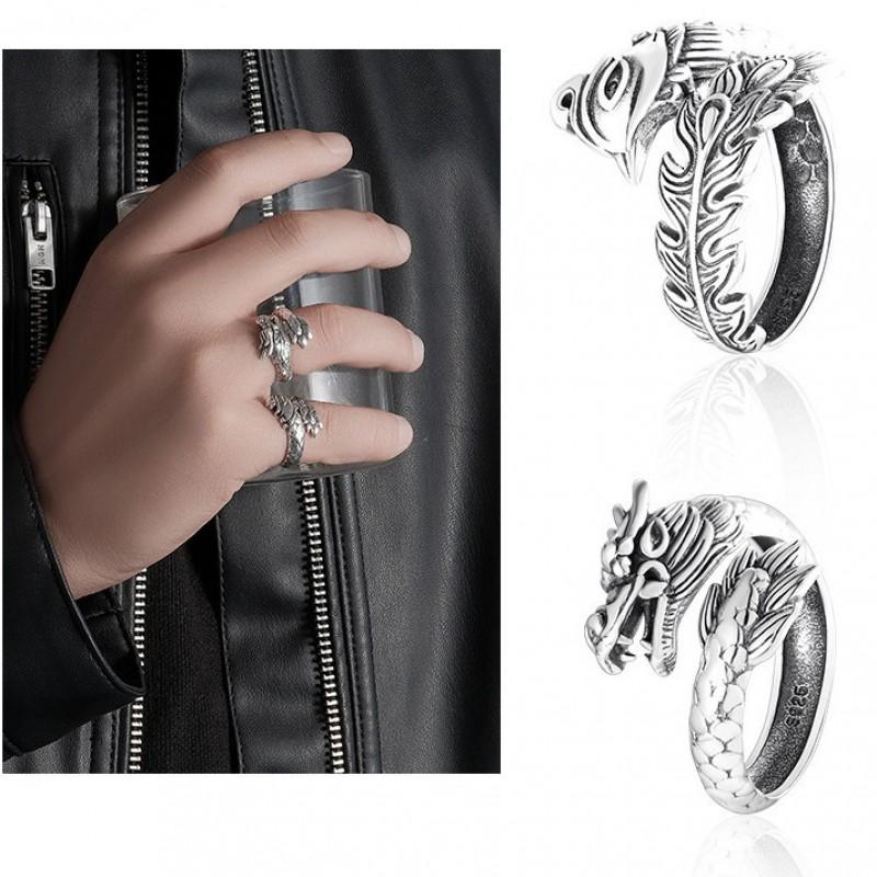 Adjustable Vintage Ethnic Totem Dragon Phoenix Ring Sterling Unisex Open Band Jewelry