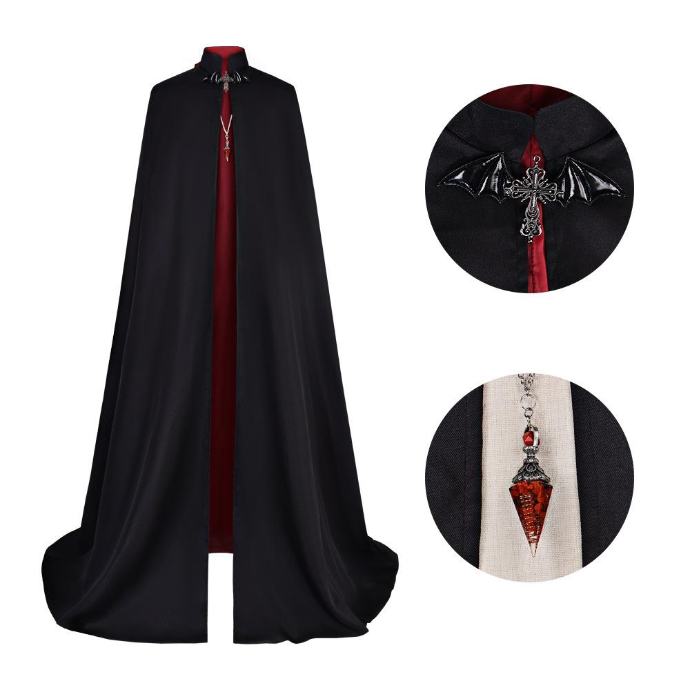 Vampire Count Cosplay Costume, Halloween Black Red Long Cape Dark Stage Outfit