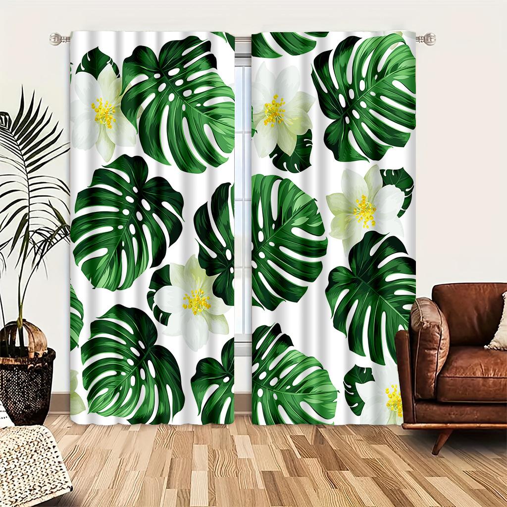 2pcs Nordic Green Plant Leaves Curtains-Light-Filtering WindowTreatment for Kitchen, Living Room, Office, and Bedroom Decor