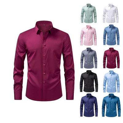 Men's European Style Non-Iron Solid Color Stretch Long Sleeve Business Shirt