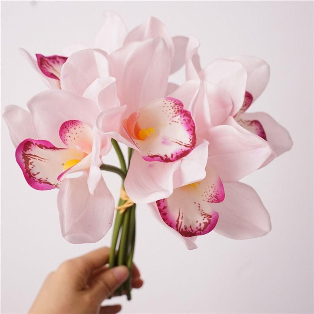 6 Heads Artificial Orchid Bouquets Realistic Design Desktop Ornament Realistic Cymbidium Flowers Photo Props