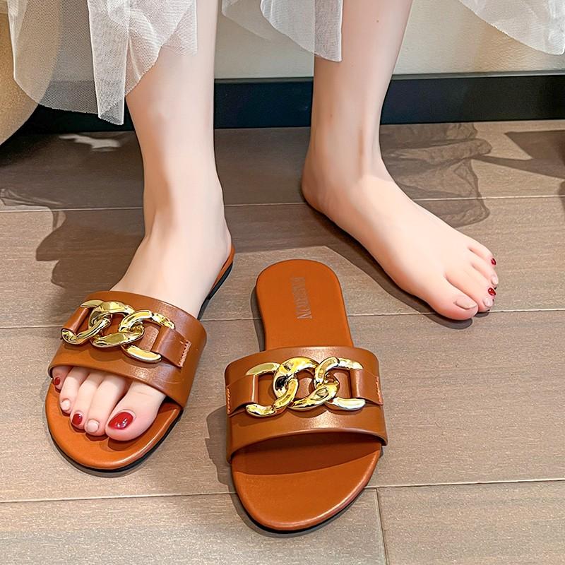 Fashion 2025 New Flat Leopard Women'S Slippers New European American Metal Chain Square Toe Flat Shoes Women'S Sandals Slippers Zapatos