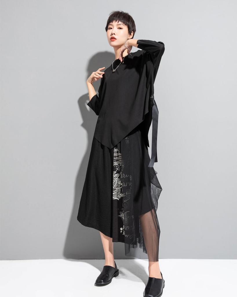 Morino Sleeve with Drop Asymmetrical Ring Loose and Trendy for Spring and Summer Women's 3/4 T-Shirt Shoulder, Design, Fit, Unique, (L, Black)