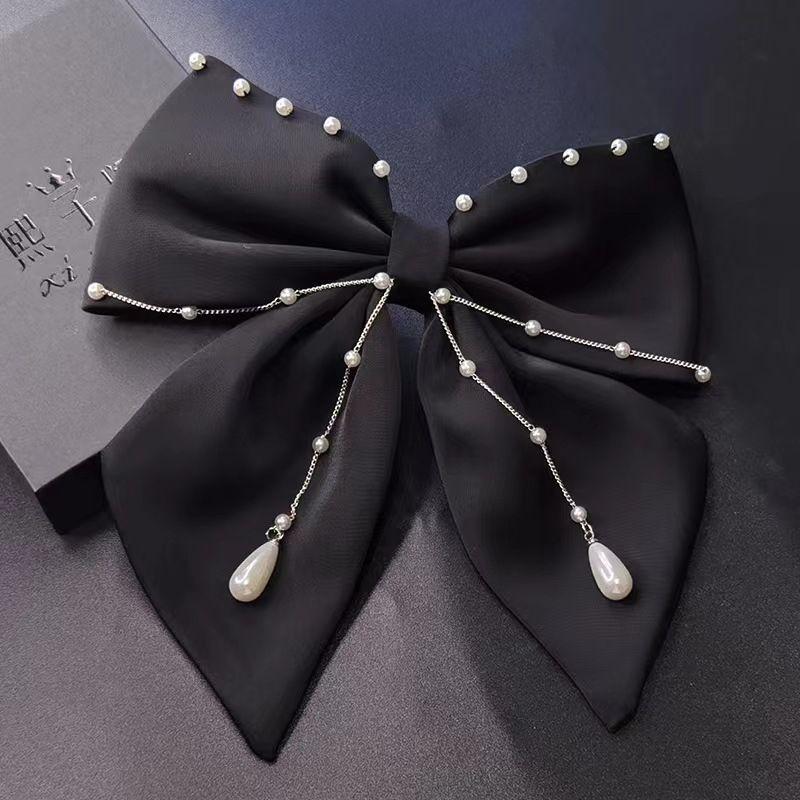 1pc Exquisite pearl hanging large bow hair clip, high-end feeling at the back of the head, spring clip top clip, new headwear